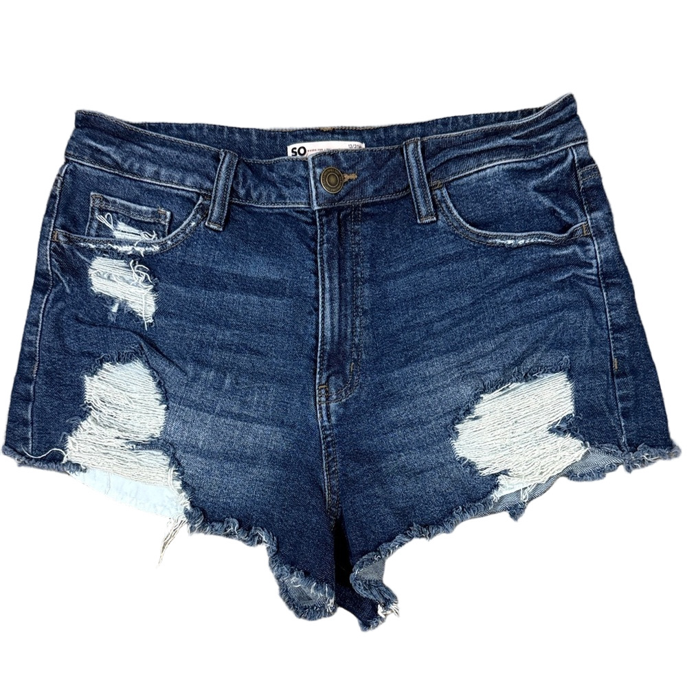 SO Juniors Blue Distressed Chewed Hem Jean Shorts SKU1268